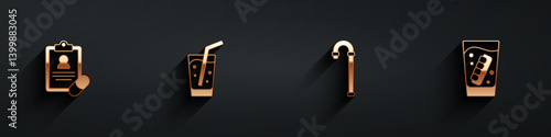Set Medical prescription, Glass with water, Walking stick cane and False jaw glass icon with long shadow. Vector