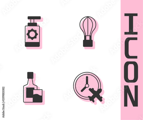 Set Clock with airplane, Sunscreen spray bottle, Whiskey and glass and Hot balloon icon. Vector