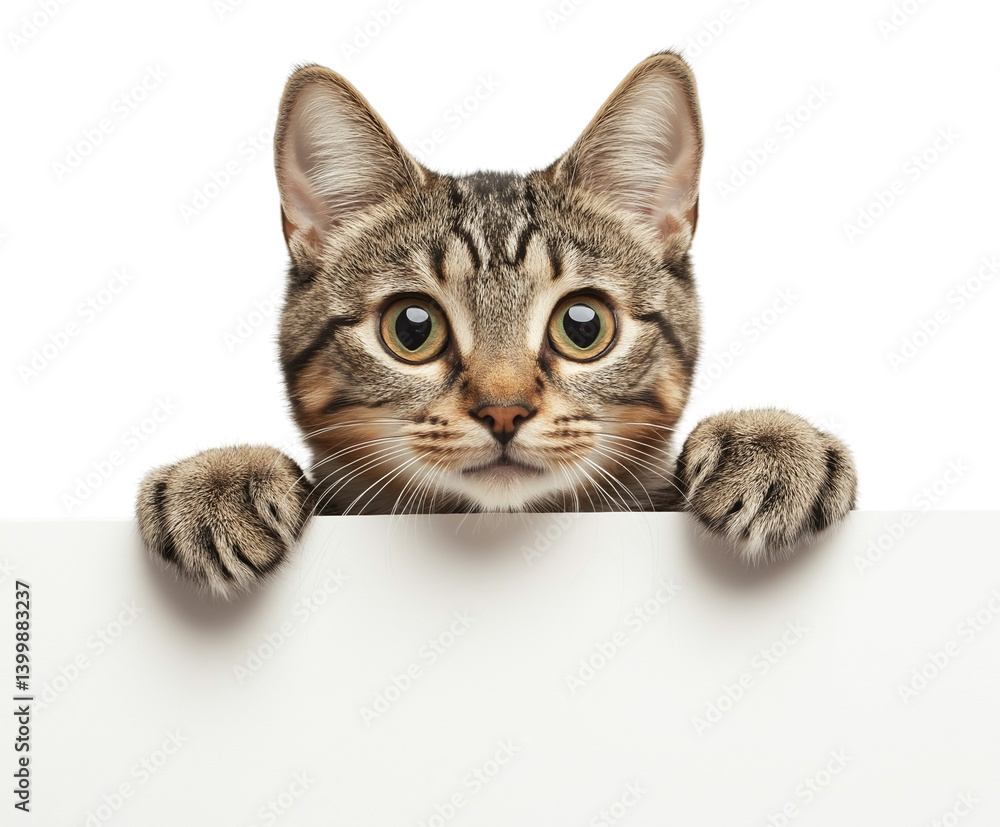 Curious tabby cat peeking over edge white blank banner board, cute kitten face looking at camera. Adorable curious pet perfect for ads or message placement. Very curious feline friend indeed. Curious tabby cat peeking over edge white blank banner board, cute kitten face looking at camera. Adorable curious pet perfect for ads or message placement. Very curious feline friend indeed.