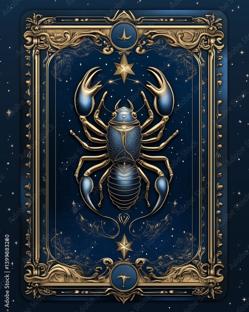 Fototapeta premium Scorpio zodiac aura with mystical Scorpio astrology zodiac sign with glowing scorpion symbol , cosmic depth, Scorpio astrology background in dark blue tones, elegant Scorpio astrology tarot card 