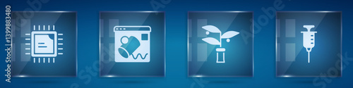 Set Processor CPU, Data visualisation, Plant breeding and Syringe. Square glass panels. Vector