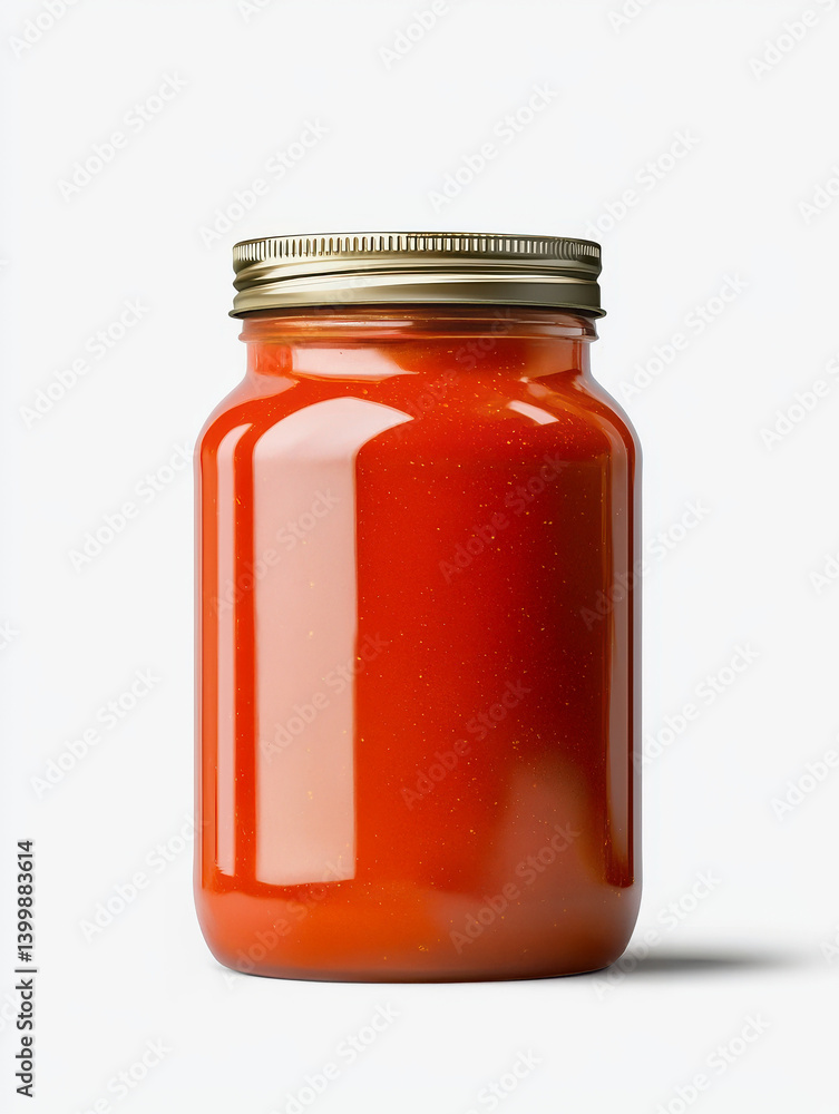 Tomato Sauce in Glass Jar: A studio shot captures a classic jar of vibrant red tomato sauce, sealed with a metallic lid. The jar casts a soft shadow. Tomato Sauce in Glass Jar: A studio shot captures a classic jar of vibrant red tomato sauce, sealed with a metallic lid. The jar casts a soft shadow.