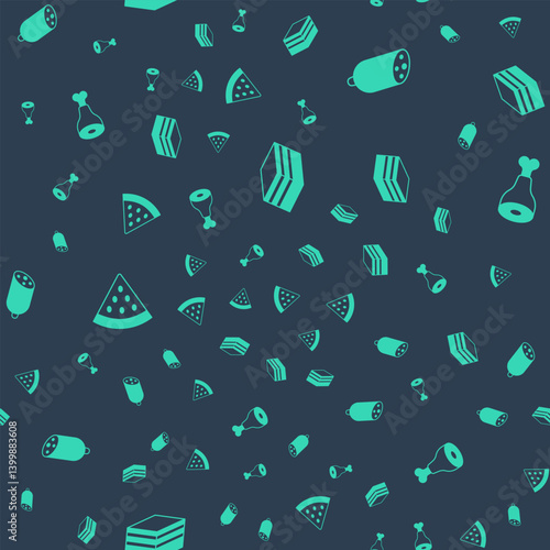 Set Piece of cake, Salami sausage, Watermelon and Chicken leg on seamless pattern. Vector