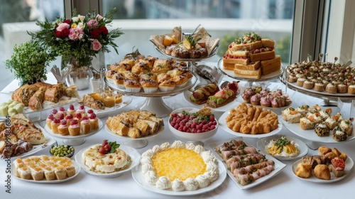 A beautifully arranged dessert table featuring an array of pastries, cakes, and fruits at a festive event