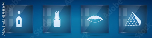 Set Champagne bottle, Lipstick, Smiling lips and Louvre glass pyramid. Square glass panels. Vector
