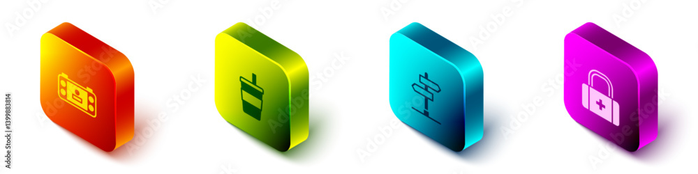 Set Isometric Portable video game console, Paper glass with water, Road traffic sign and First aid kit icon. Vector Set Isometric Portable video game console, Paper glass with water, Road traffic sign and First aid kit icon. Vector