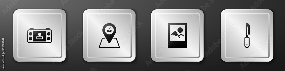 Set Portable video game console, Picnic location, Photo frame and Knife icon. Silver square button. Vector Set Portable video game console, Picnic location, Photo frame and Knife icon. Silver square button. Vector