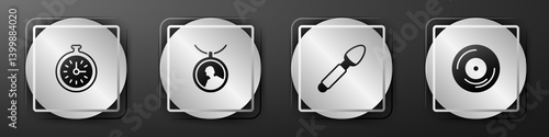Set Pocket watch, Locket on necklace, Silver spoon and Vinyl disk icon. Silver square button. Vector