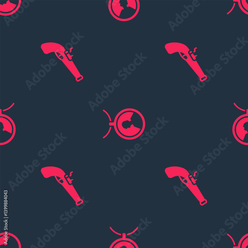 Set Vintage pistol and Locket on necklace on seamless pattern. Vector