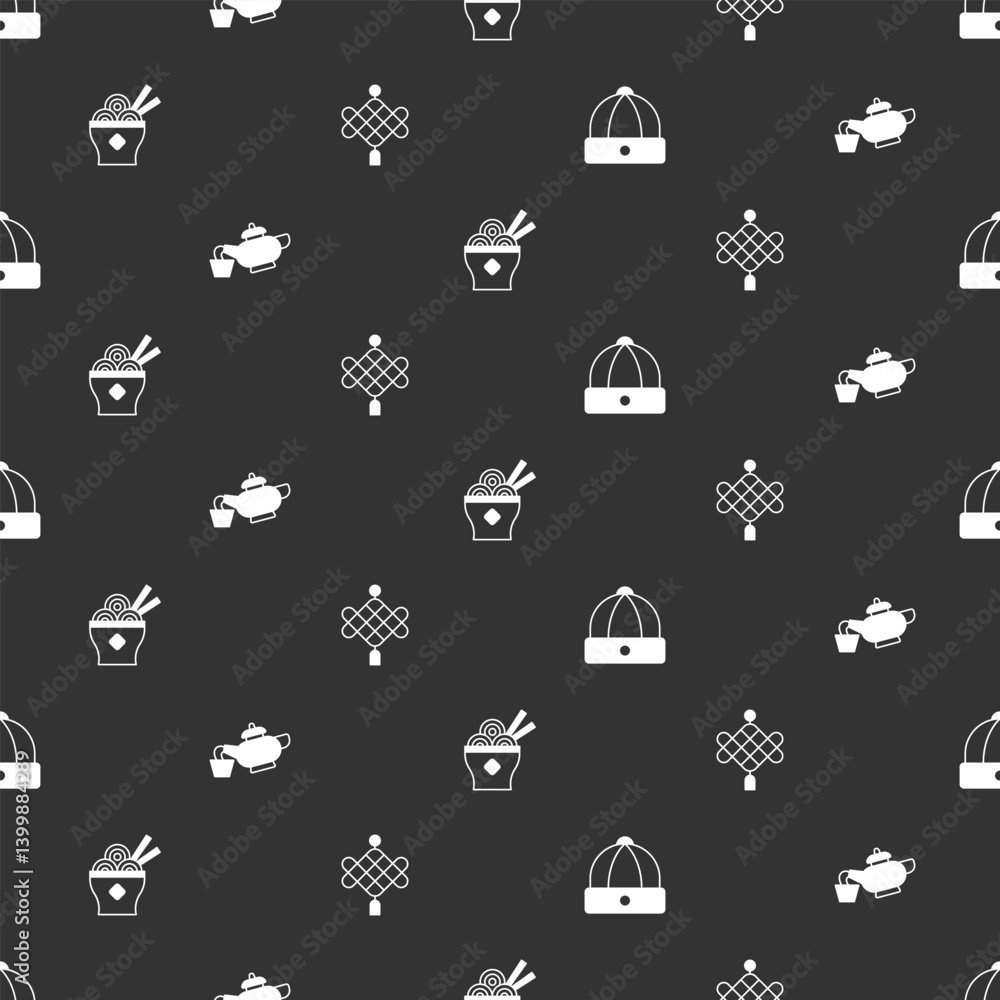 Set Chinese hat, tea ceremony, Asian noodles bowl and paper lantern on seamless pattern. Vector Set Chinese hat, tea ceremony, Asian noodles bowl and paper lantern on seamless pattern. Vector