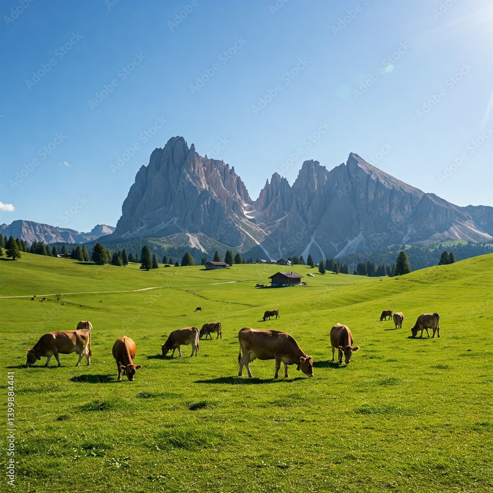 Fototapeta premium Cows grazing, Alps, sunny day, Trentino Italy, mountain pasture