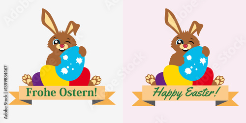 Ostergrüße mit Osterhasen und buten Eiern. Zweisprachig in Deutsch und Englisch