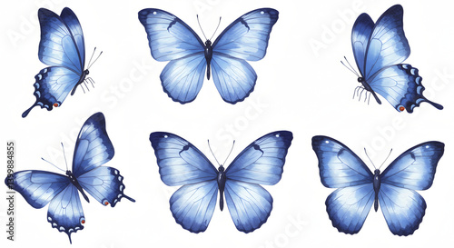 Seamless pattern background design featuring stylized blue butterflies with watercolor texture effect, isolated on a clean white surface.