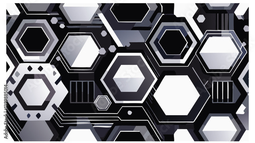 Monochrome Tech-Inspired Hexagon Seamless Pattern 2