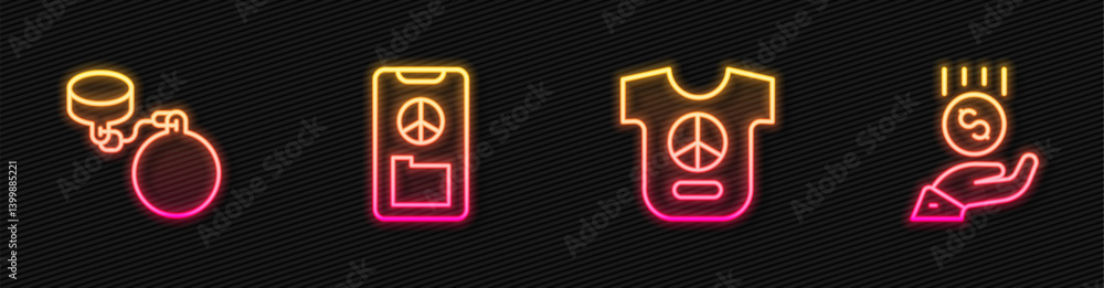 Set line Peace, Ball on chain, and Coins hand - minimal wage. Glowing neon icon. Vector Set line Peace, Ball on chain, and Coins hand - minimal wage. Glowing neon icon. Vector