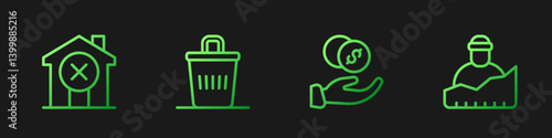 Set line Donation hand with money, No house, Trash can and Growth of homeless. Gradient color icons. Vector
