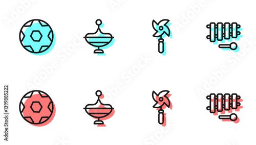 Set line Pinwheel toy, Soccer football ball, Whirligig and Xylophone icon. Vector