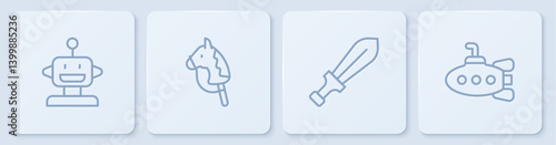 Set line Robot toy, Sword, Toy horse and Submarine. White square button. Vector