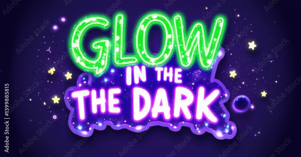 Bright text reads Glow in dark. Neon green, purple hues dominate design. Stars sparkle against deep blue backdrop. Fun, playful aesthetic. Bright text reads Glow in dark. Neon green, purple hues dominate design. Stars sparkle against deep blue backdrop. Fun, playful aesthetic.