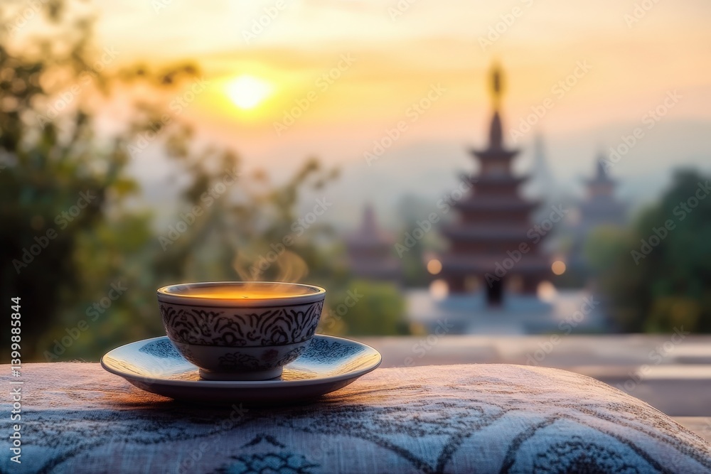 Fototapeta premium A steaming cup of tea at sunrise overlooking a pagoda.