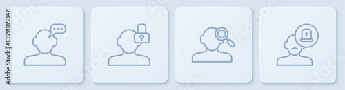 Set line Online psychological counseling, Finding problem psychology, Closed personality and Male doctor. White square button. Vector
