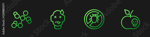 Set line Stop colorado beetle, Chemical formula, Man poisoning and Poison apple. Gradient color icons. Vector