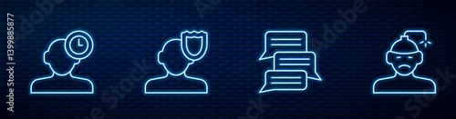 Set line Online psychological counseling, Insomnia, Psychology and Concussion, headache. Glowing neon icon on brick wall. Vector