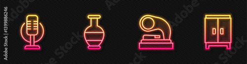 Set line Old gramophone, Microphone, Ancient amphorae and Wardrobe. Glowing neon icon. Vector