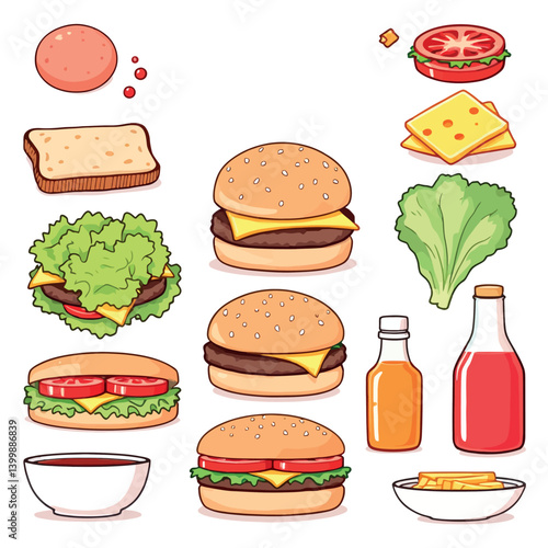Vsai delicious cheeseburgers with various ingredients and french fries depicted in colorful illustration