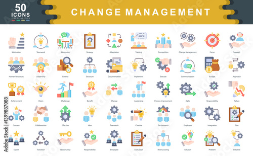 The Change Management icon set captures core aspects of transition, leadership, and strategic execution ideal for managing organizational shifts, performance alignment, and employee engagement.
