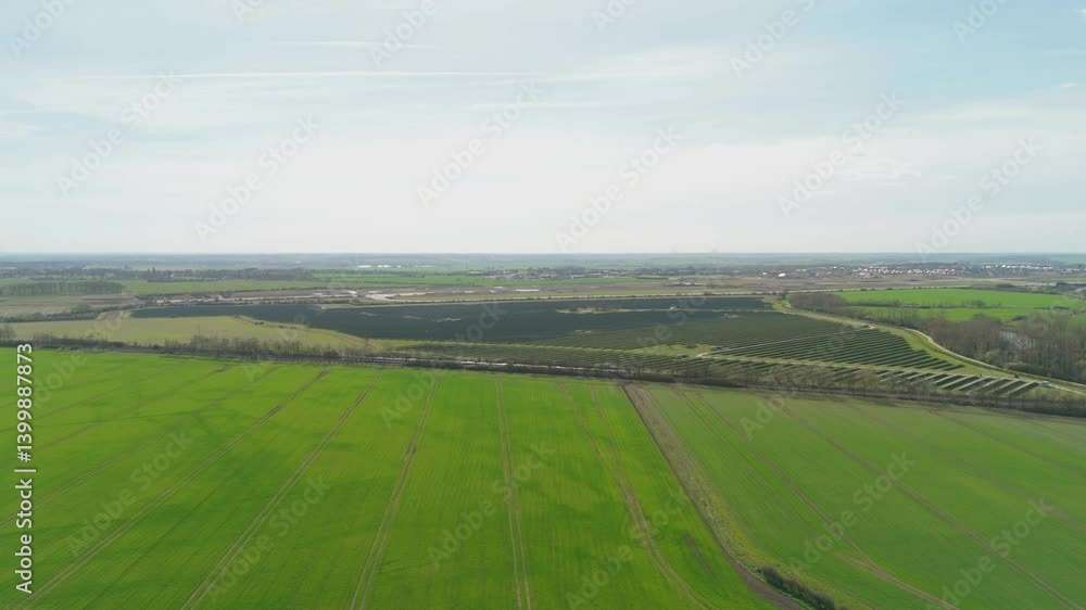 Aerial Drone View of Large Solar Power Field Generating Clean Renewable Energy in England Aerial Drone View of Large Solar Power Field Generating Clean Renewable Energy in England