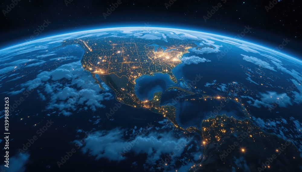 Fototapeta premium Earth at Night: North American Continent from Space, City Lights Glowing Through Cloud Cover