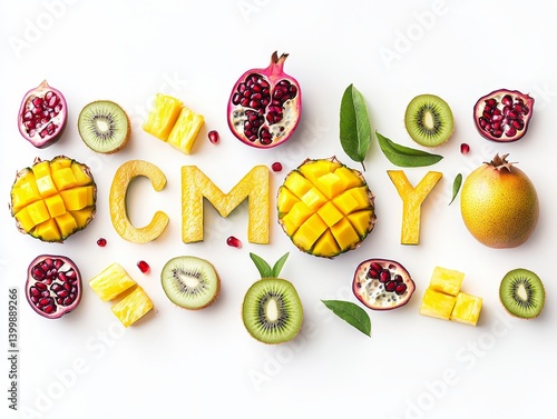 Colorful composition of fruit arranged on white backdrop. Words formed by mangoes and pineapples