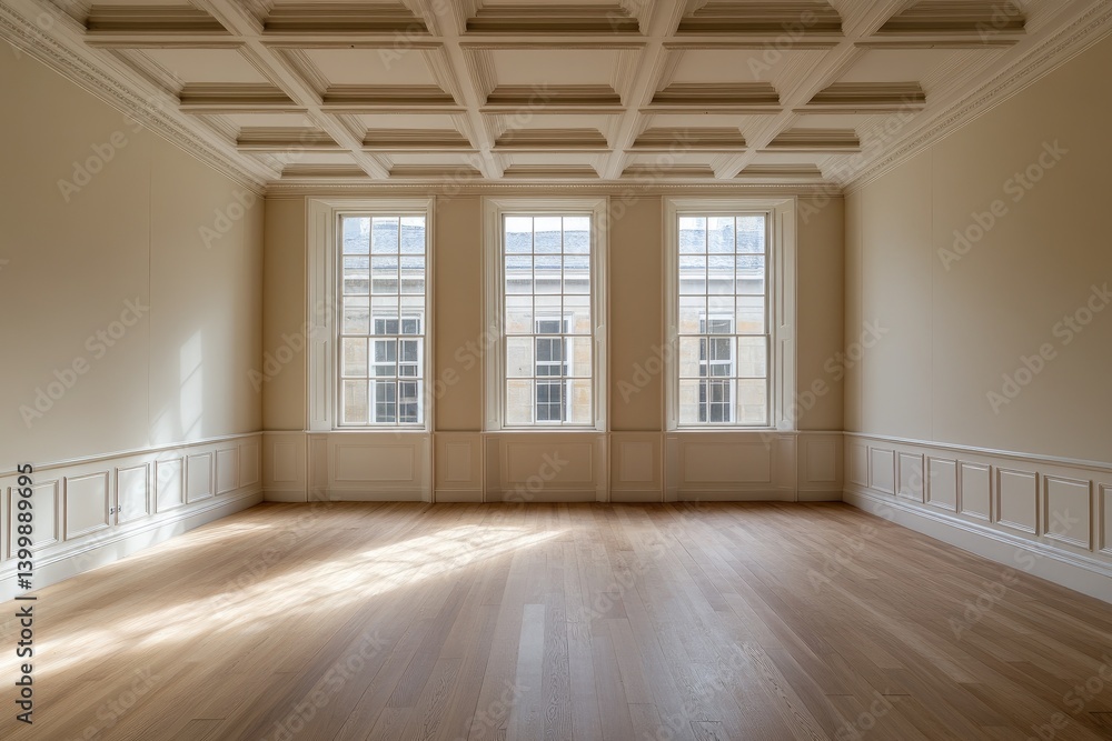 Empty room with ornate ceiling and large windows Empty room with ornate ceiling and large windows