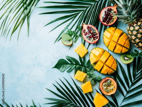 Tropical fruits pineapple, mango, kiwi, and pomegranate, arranged with lush green palm leaves