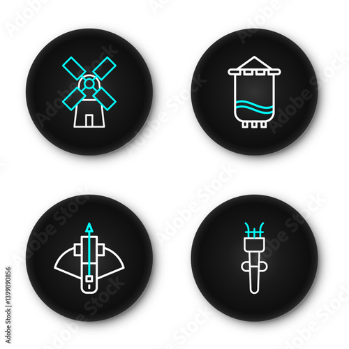 Set line Torch flame, Battle crossbow with arrow, Medieval flag and Windmill icon. Vector