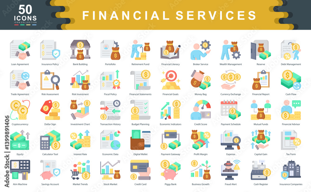 Fototapeta The Financial Services icon set defines key drivers of financial success such as investment, risk assessment, and capital growth, ideal for fintech apps, advisory platforms, and economic planning.