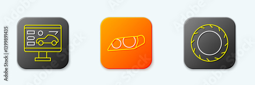Set line Diagnostics condition of car, Car headlight and tire wheel icon. Vector