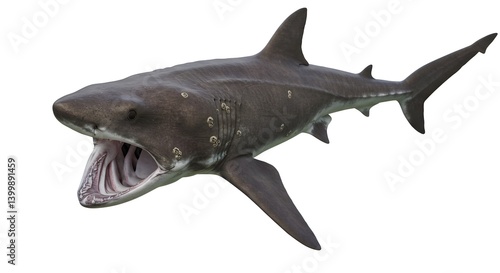 Basking Shark with Open Mouth Swimming in a Clean White Background