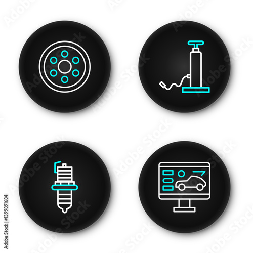 Set line Diagnostics condition of car, Car spark plug, air pump and Alloy wheel icon. Vector