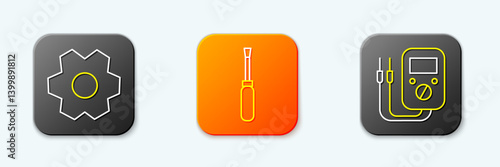 Set line Gear, Screwdriver and Multimeter icon. Vector
