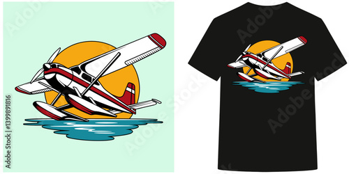 Biplane aircraft with sun rising on water, a retro style t-shirt graphic design illustration for travel aviation lovers and airplane enthusiasts print