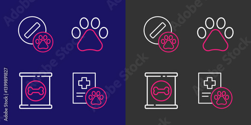 Set line Clinical record pet, Canned food, Paw print and Dog pill icon. Vector