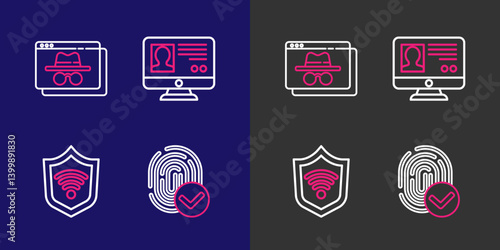 Set line Fingerprint, Shield with WiFi wireless, Create account screen and Browser incognito window icon. Vector