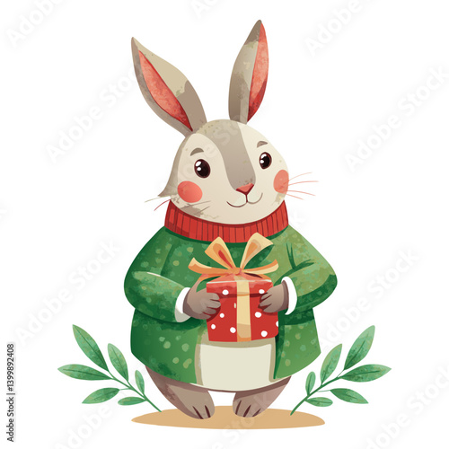Watercolor Christmas cartoon rabbit in clothes unpack gift box and hug toy present, simple, minimalistic, elegant, vintage
