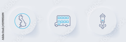 Set line Vintage street light, Double decker bus and England map icon. Vector