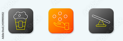 Set line Popcorn in box, Juggling ball and Seesaw icon. Vector