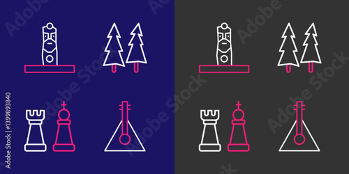Set line Balalaika, Chess, Christmas tree and Slavic pagan idol icon. Vector