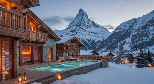Luxury Chalet with Private Pool at Dusk, Swiss Alps Winter Scene AI Generated