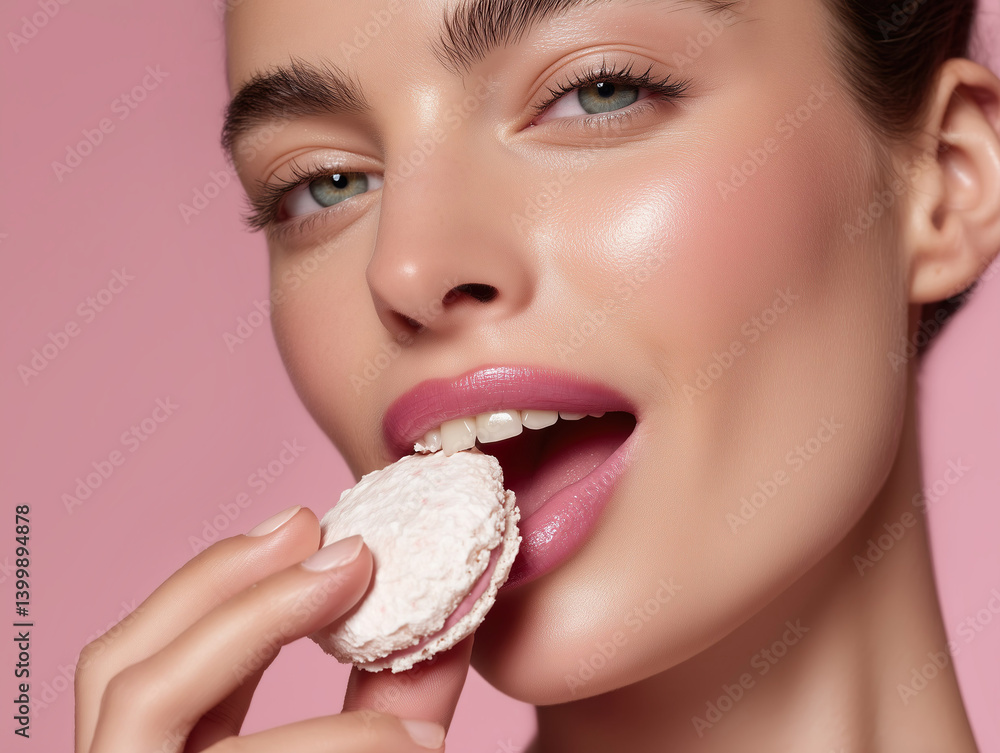 Beautiful model on mauve background biting a macaron.